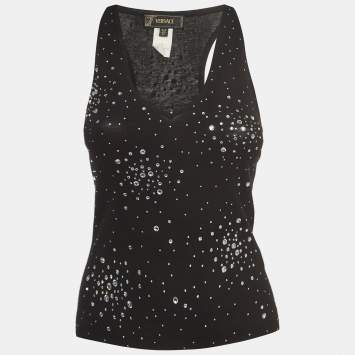 Pre Owned Versace Black Crystal Embellished Jersey V-Neck Tank Top M