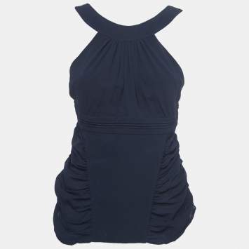 Pre Owned Versace Navy Blue Silk Ruched Strappy Top L