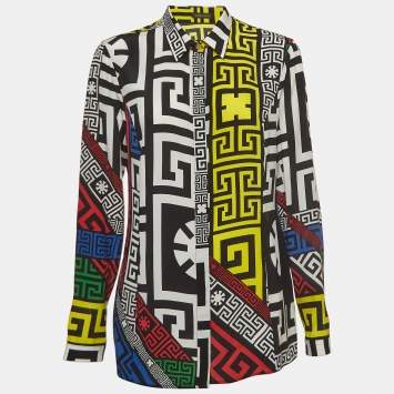 Pre Owned Versace Multicolor Geometric Greek Print Chiffon Silk Shirt L