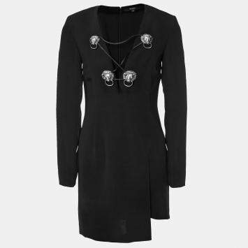 Pre Owned Versus Versace Black Crepe Logo Detail Mini Dress S