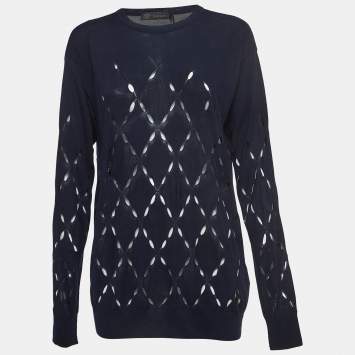 Pre Owned Versace Black Navy Blue Cut-Out Knit Crew Neck Sweatshirt XL