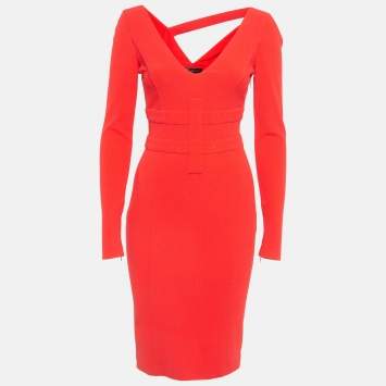 Pre Owned Versace Red Crinkle Wool Blend V-Neck Sheath Dress S