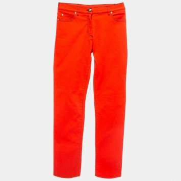 Pre Owned Versace Orange Contrast Stitch Cotton Metallic Logo Detail Trousers M
