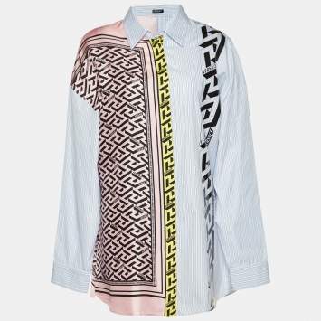 Pre Owned Versace Blue La Greca Striped Silk & Cotton Paneled Shirt L