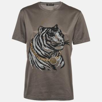Pre Owned Versace Grey Tiger Embroidered Jersey Crew Neck T-Shirt M