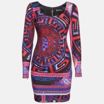 Pre Owned Versace Purple Medusa Print Jersey Mini Dress S