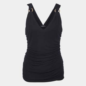 Pre Owned Versace Black Crepe Ruched Sleeveless Top S