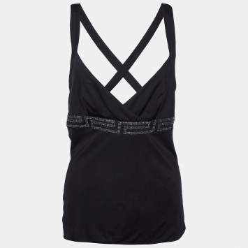 Pre Owned Versace Black Jersey Crystal Greca Embellished Tank Top M