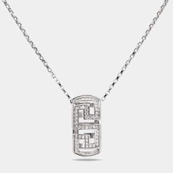 Pre Owned Versace Greca Diamond 18k White Gold Pendant Necklace