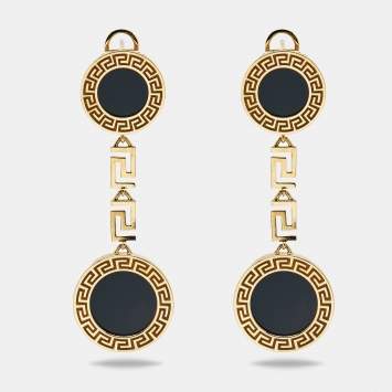 Pre Owned Versace Greca Onyx 18k Yellow Gold Earrings