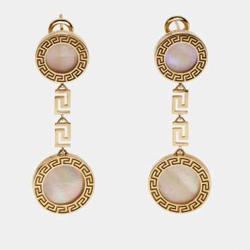Pre Owned Versace Greca Mother of Pearl 18k Yellow Gold Earrings
