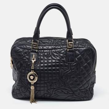 Pre Owned Versace Black Baroque Embossed Leather Demetra Vanitas Satchel