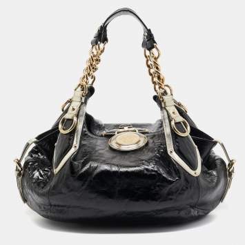 Pre Owned Versace Black/Gold Patent Leather Medussa Flap Hobo 