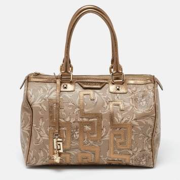 Pre Owned Versace Beige/Gold Printed Coated Canvas and Leather Boston Bag