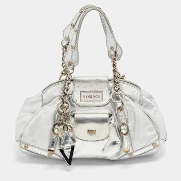 Pre Owned Versace Silver Ostrich Embossed, Patent and Leather Chain Link Satchel