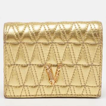 Pre Owned Versace Gold Quilted Leather Virtus Flap Card Case