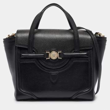 Pre Owned Versace Black Leather Medium Signature Flap Tote