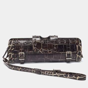 Pre Owned Versace Brown Croc Embossed Leather Wristlet Clutch 