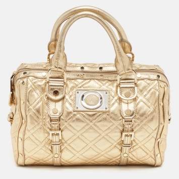 Pre Owned Versace Gold Quilted Leather Studded Medusa Head Boston Bag