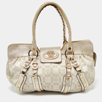 Pre Owned Versace Beige/Gold Signature Canvas and Leather Medussa Buckle Satchel