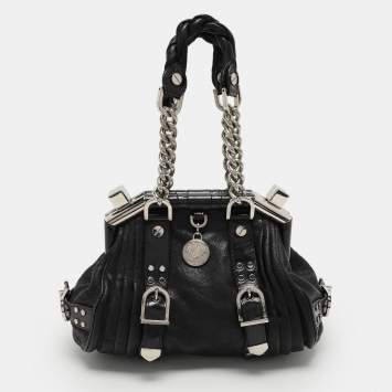 Pre Owned Versace Black Leather Chain Embellished Satchel