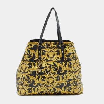Pre Owned Versace Black/Yellow Barocco Print Coated Canvas Shopper Tote
