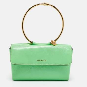 Pre Owned Versace Green Patent Leather Medusa Ring Handle Clutch