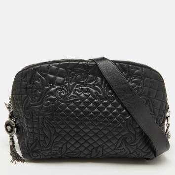 Pre Owned Versace Black Leather Quilted Embroidered Zip Satchel