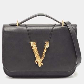 Pre Owned Versace Black Leather Virtus Shoulder Bag