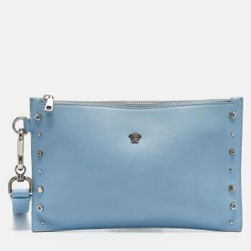 Pre Owned Versace Blue Leather Studded Medusa Wristlet Pouch
