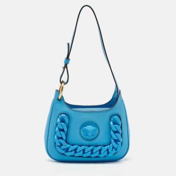 Pre Owned Versace Blue Leather Small La Medusa Chain Hobo