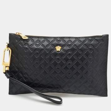 Pre Owned Versace Black Monogram Embossed Leather Medusa Zip Pouch