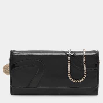Pre Owned Versace Black Leather Wallet On Chain