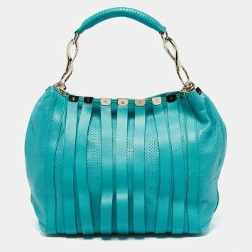 Pre Owned Versace Turquoise Blue Perforated Leather Striped Detail Hobo