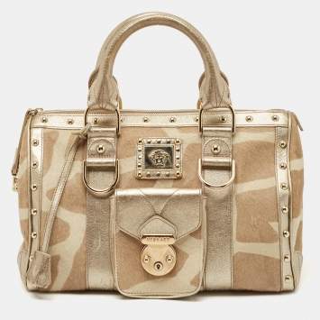 Pre Owned Versace Gold/Beige Calf Hair and Leather Snap Out Of It Satchel