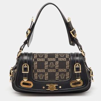Pre Owned Versace Black Signature Canvas and Leather Vintage Medusa Shoulder Bag