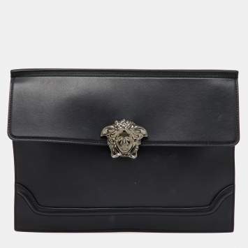 Pre Owned Versace Black Leather Medusa Flap Pouch Clutch