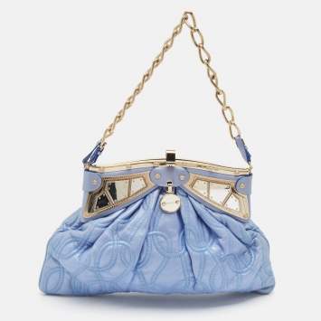 Pre Owned Versace Metallic Light Blue Leather Mirror Frame Chain Shoulder Bag