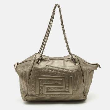 Versace Metallic Greca Embossed Leather Zip Chain Tote