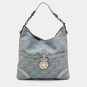 Pre Owned Versace Metallic Silver/Grey Signature Canvas and Leather Medusa Trim Shoulder Bag