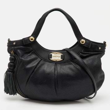 Pre Owned Versace Black Perforated Leather Tassel Shoulder Bag