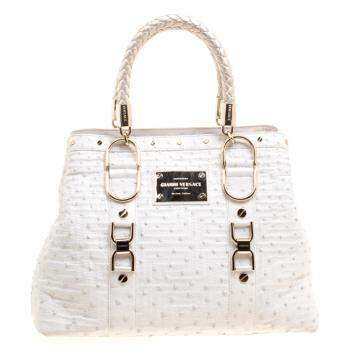 Pre Owned Versace White Ostrich Leather Snap Out Of It Tote