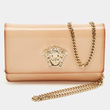 Pre Owned Versace Peach Patent Leather Medusa Chain Shoulder Bag
