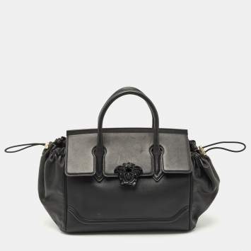 Pre Owned Versace Black Leather Drawstring Empire Palazzo Tote