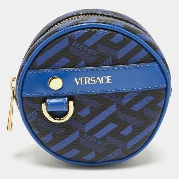 Versace Blue Coated Canvas and Leather La Greca Zip Round Pouch