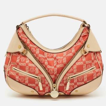 Pre Owned Versace Beige/Orange Signature Canvas and Leather Medusa Repeat Hobo