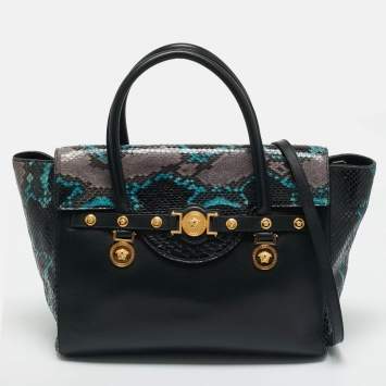 Pre Owned Versace Black Leather and Python Medusa Medallion Tote