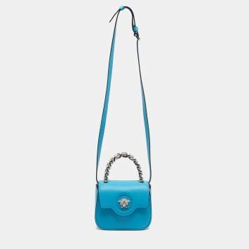 Pre Owned Versace Light Blue Leather Medusa Metal Handle Bag