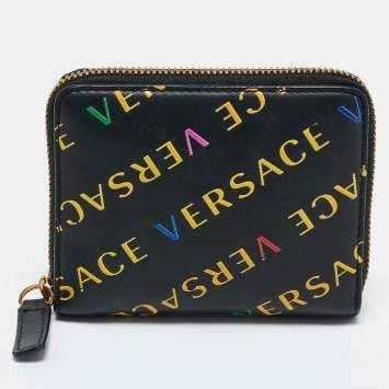 Pre Owned Versace Black/Yellow Leather Logo Zip Compact Wallet