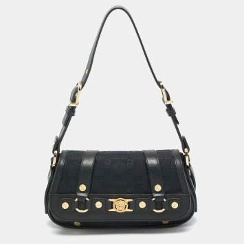 Pre Owned Versace Black Monogram Fabric and Leather Medusa Studded Shoulder Bag